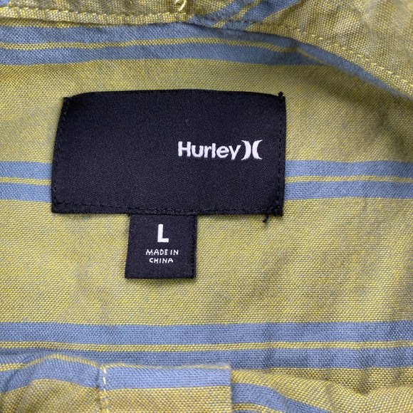 Hurley Shirt Men Medium Large L Green Blue Striped Button Down Short Sleeve Surf - Picture 6 of 12